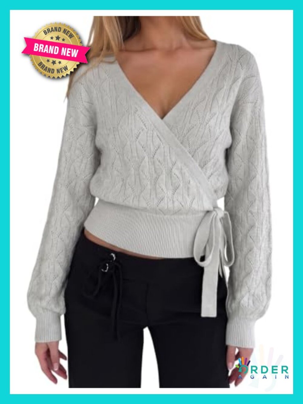 Wrap Sweater Surplice V Neck Pointelle Knit Cropped Bishop Sleeve